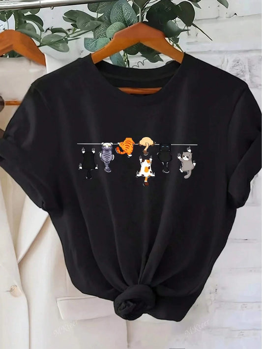 Women’s Oversized Cat Print T‑Shirt – Cute Round Neck Short Sleeve Casual White Tee for Daily Wear
