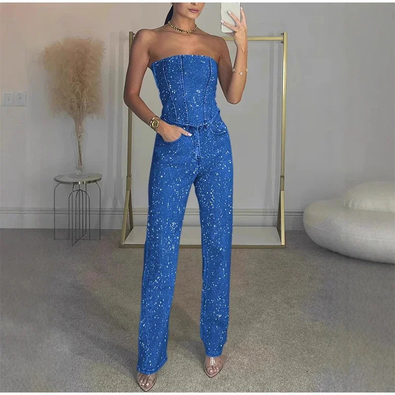 Sexy Women's Sparkling Rhinestone Denim Set Corset Shaping Crop Top Matching Slim Fit Jeans Party Clubwear Cowgirl Style 2pcs