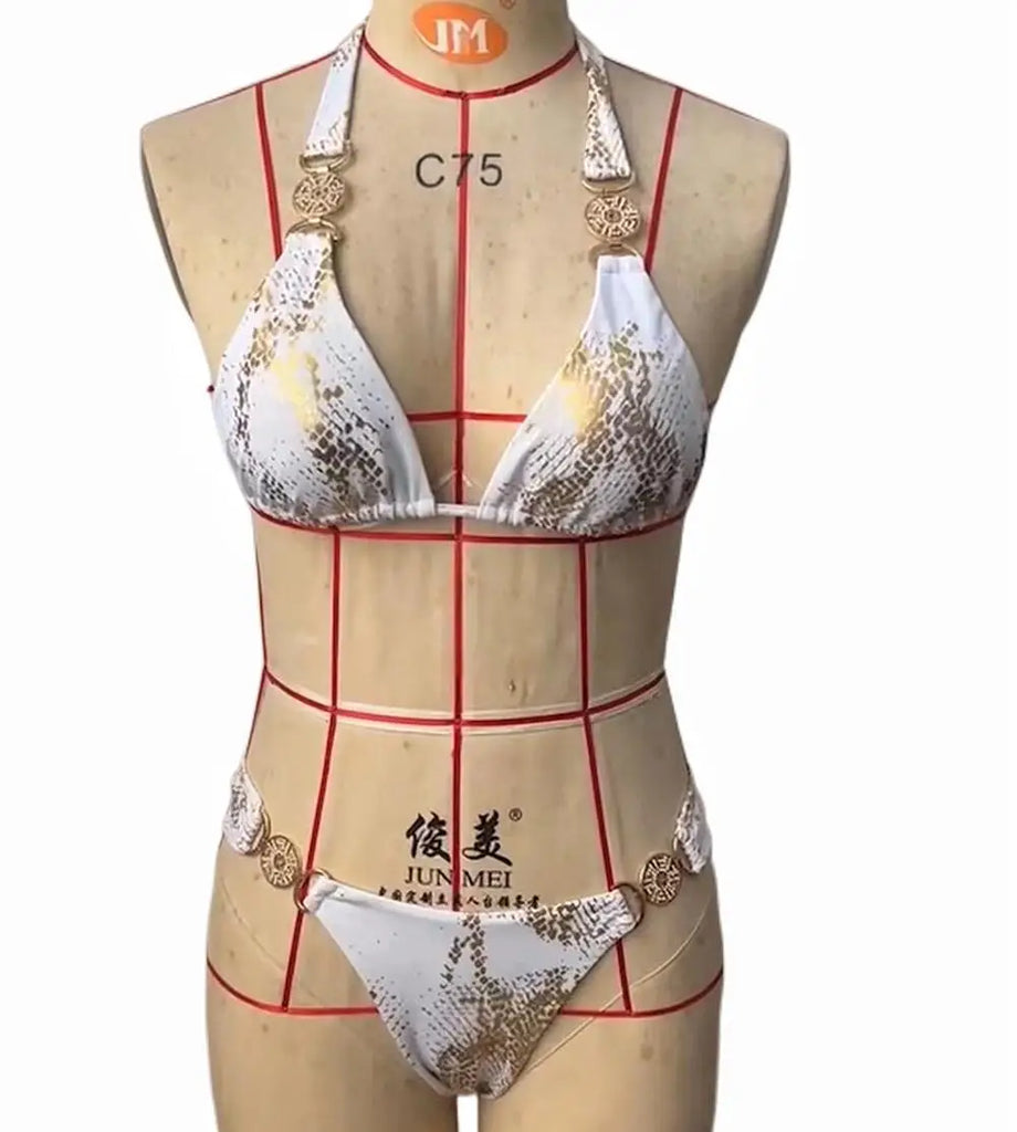 Women’s 2026 White Snake‑Skin Rhinestone Micro Bikini – Luxury Brazilian Push‑Up Thong Swimsuit