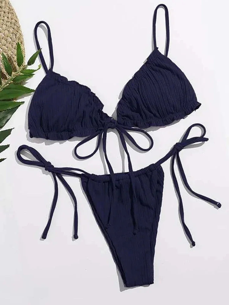 New 2025 Sexy Swimsuit Pit stripe Bikini Women Swimwear  Bathing Suits Push Up Biquinis Bandage Beachwear Solid Bikini Sets