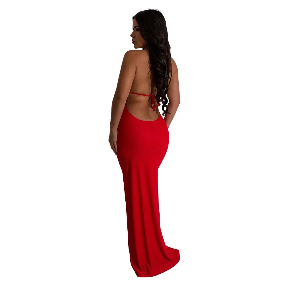 CM.YAYA Women Sleeveless Deep V-neck Halter Long Maxi Dress Summer Backless Beach Sexy Street Evening Night Club Party Dresses