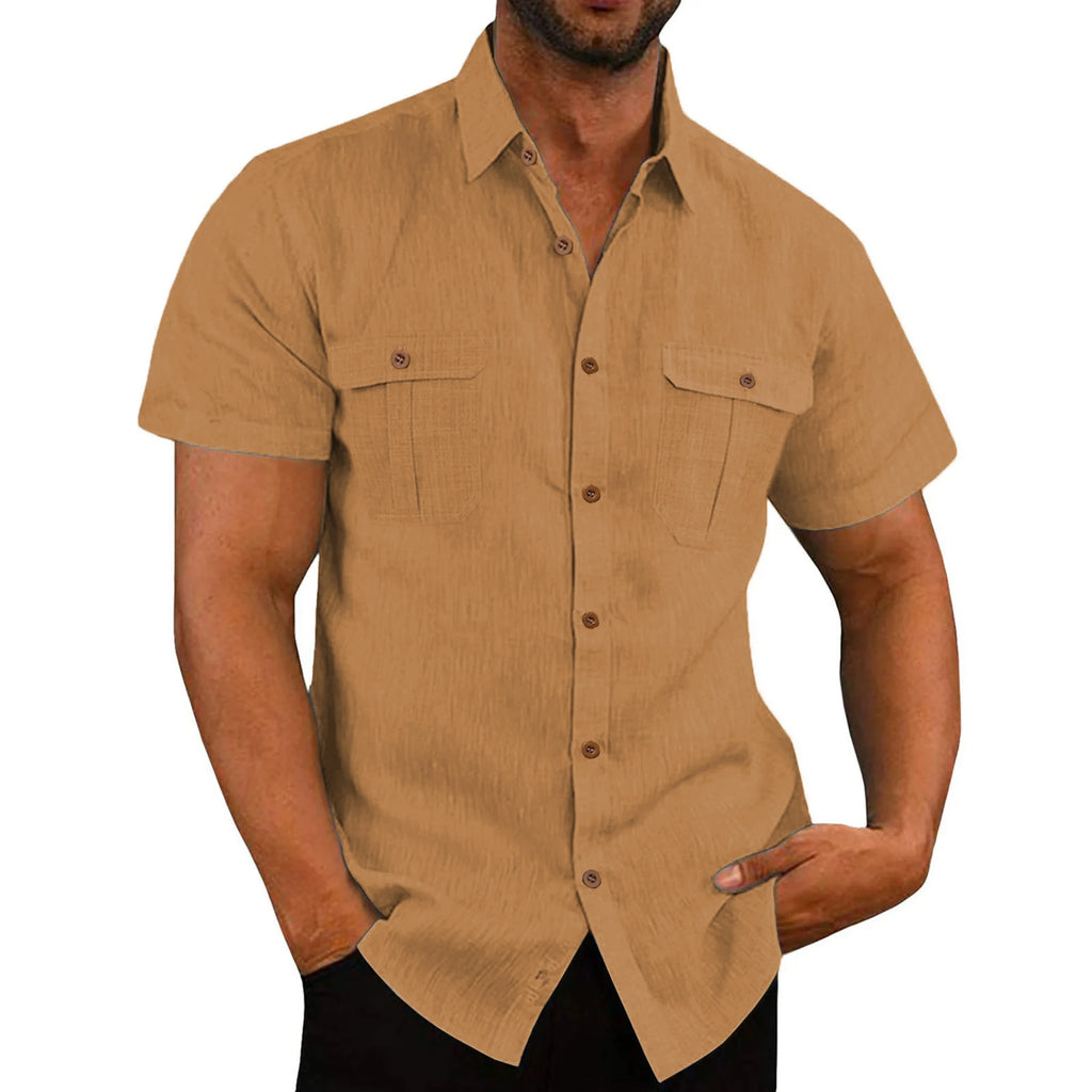 Men’s Summer Short‑Sleeve Shirt – Solid Color Fashion Top with Two Chest Pockets, Outdoor Casual Cardigan Style