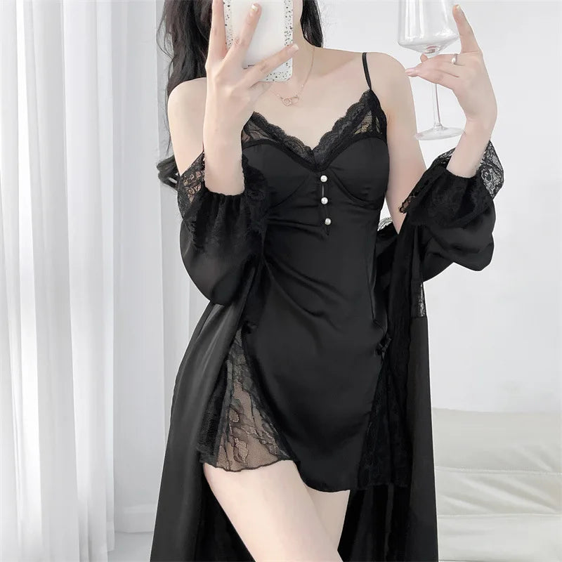 2Pcs Robe Set Beige Night Dress Sexy Bride Wedding Morning Dress Gown Loose Bathrobe Suit Rayon Nightwear Loungewear Homewear