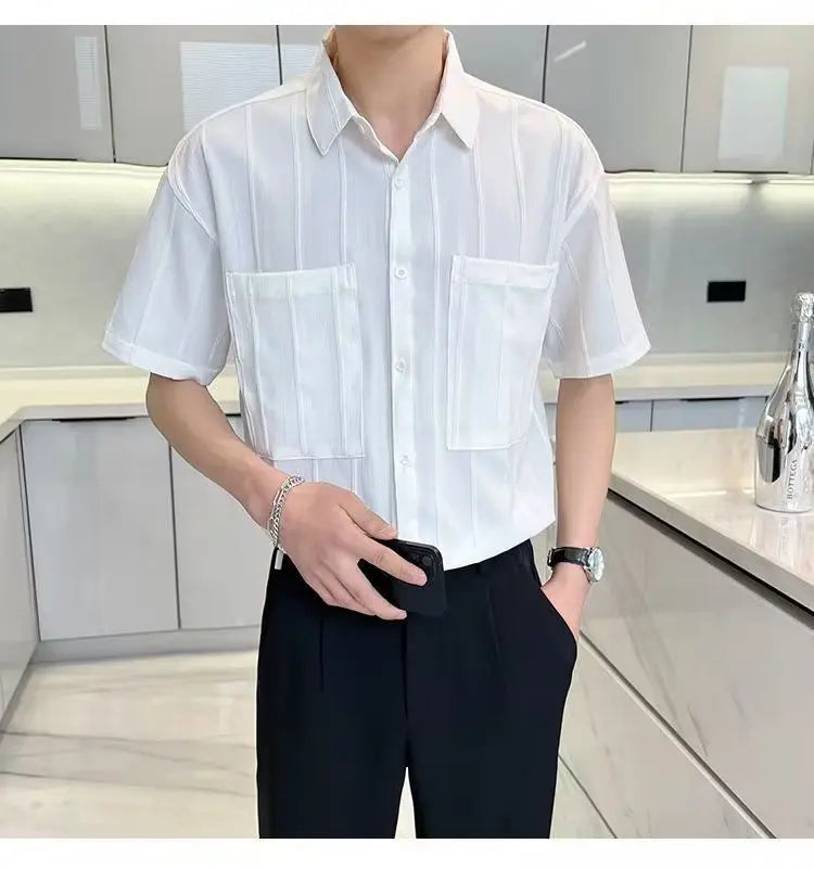 Premium Stripe Jacquard Short‑Sleeve Shirt