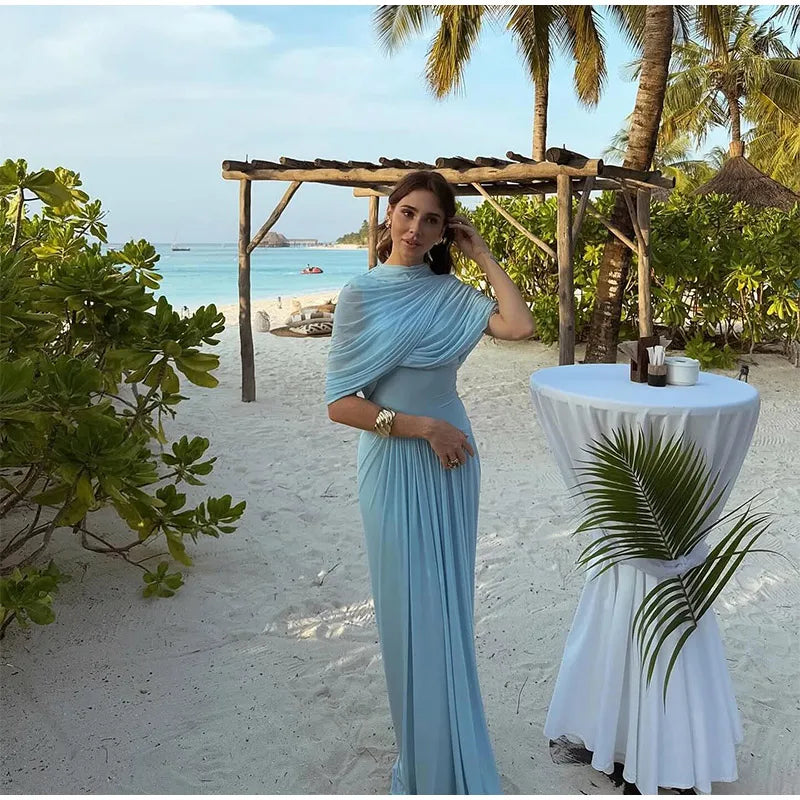 Irregular Shawl Blue Maxi Dress – Women’s 2025 Slim‑Fit Turtleneck Pleated Evening Party Dress