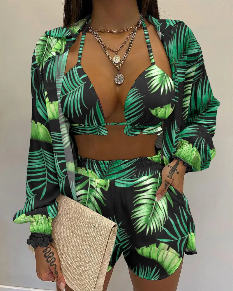 Women’s 2024 High‑Waist 3‑Piece Bikini Set – Printed Swimsuit with Shorts Cover‑Up Summer Beachwear