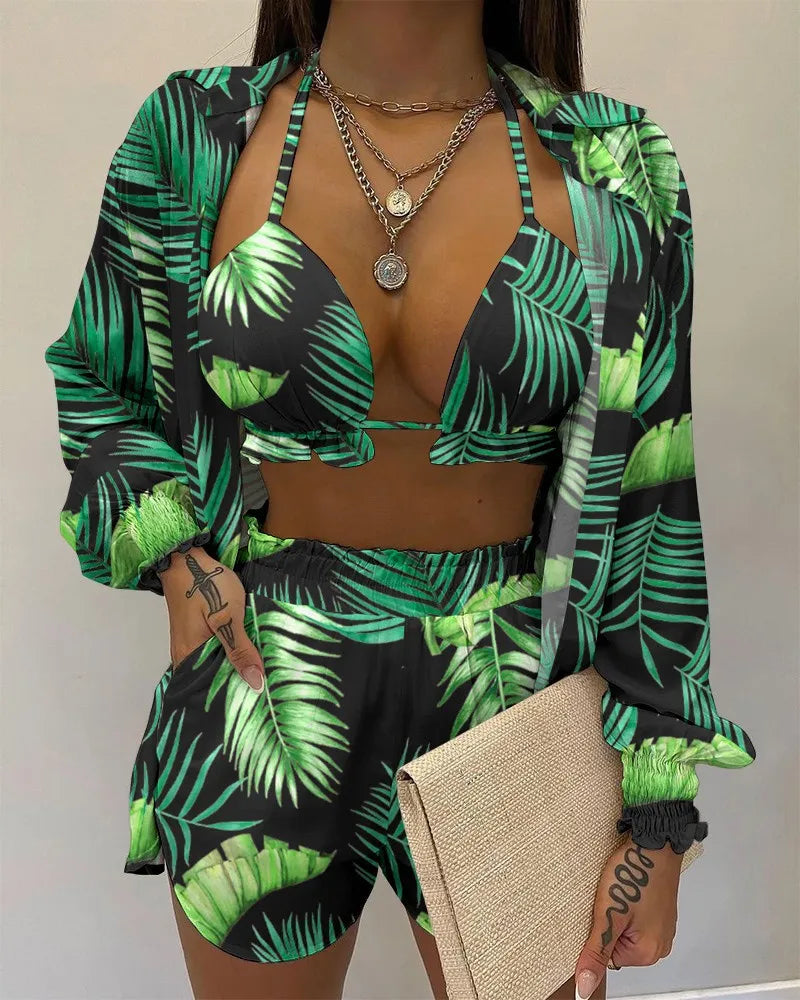 Women’s 2024 High‑Waist 3‑Piece Bikini Set – Printed Swimsuit with Shorts Cover‑Up Summer Beachwear