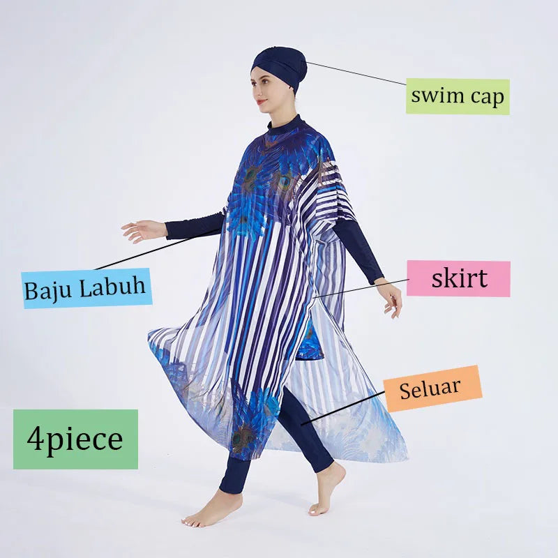 Women’s 4‑Piece Islamic Burkini Set – Long Sleeve Modest Swimwear with Hijab, Digital Print Sports Bathing Suit (4XL)