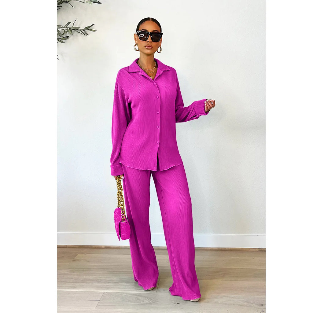 CM.YAYA Street Women's Set Long Sleeve Shirt Tops and Wide Leg Pants Elegant Tracksuit Two Piece Set Sweatsuit Fitness Outfits