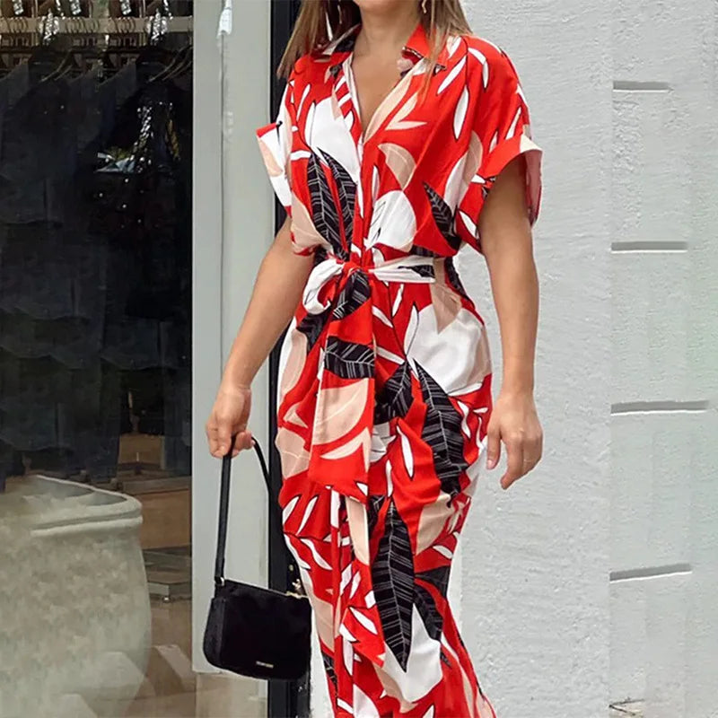 New 2025 Spring Summer Bohemia Shirt Print Dresses Women Turn-down Collar Sashes Long Dress Casual Party Oversized Loose Dress