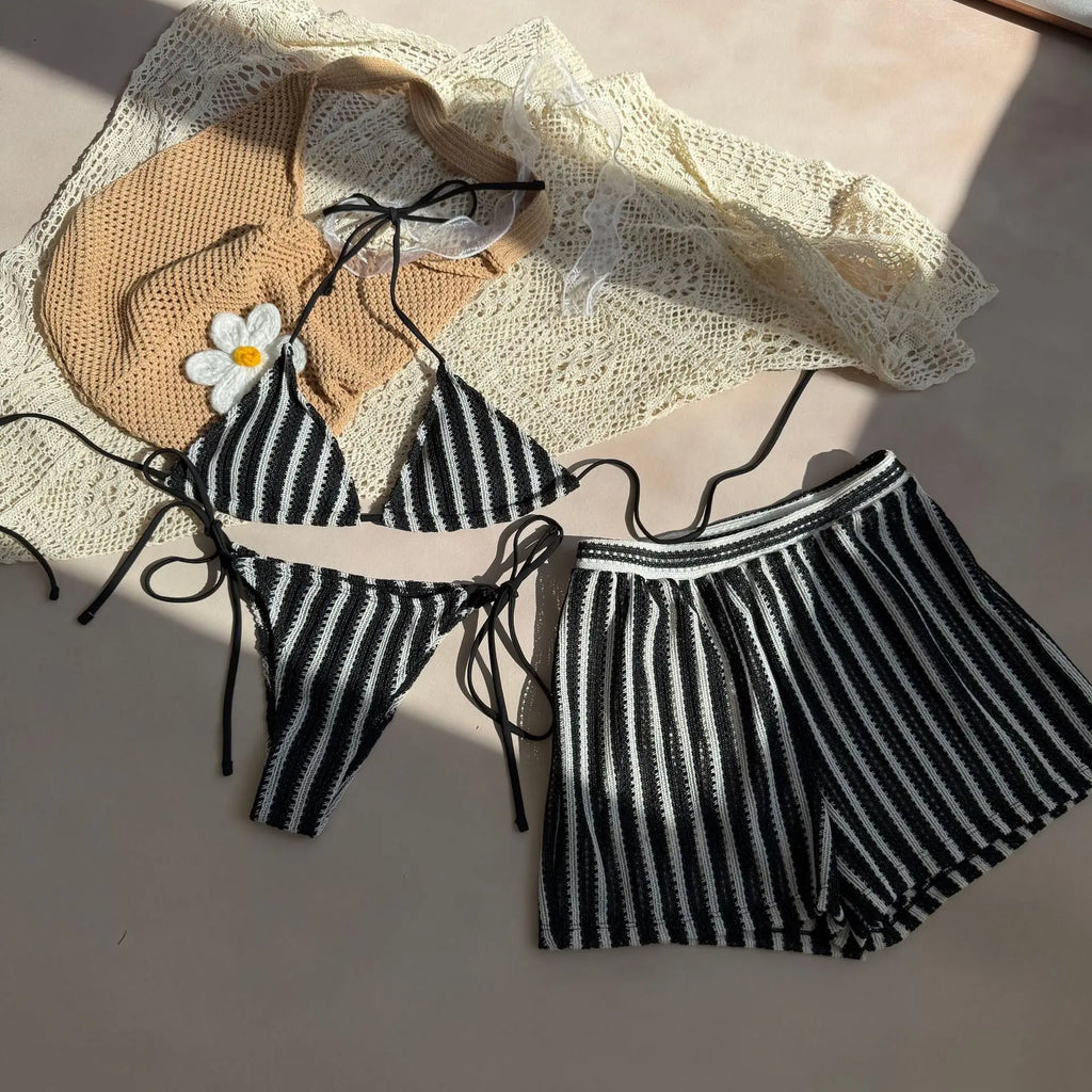Women’s 2026 Striped 3‑Piece Bikini Set – Sexy Swimsuit with Skirt Beachwear