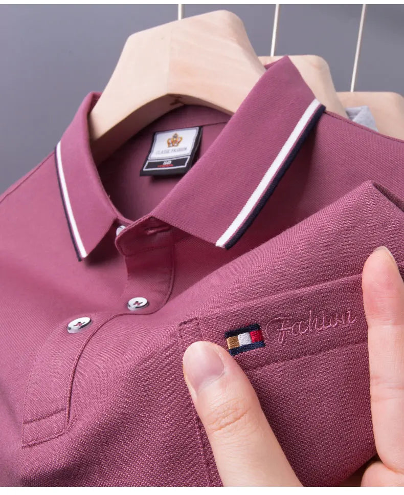 Top Grade Summer Short Sleeve Korean New Fashion Cotton Soft Pure Color Lapel Slim Fit Casual Tops Men's pocket Polo Shirts