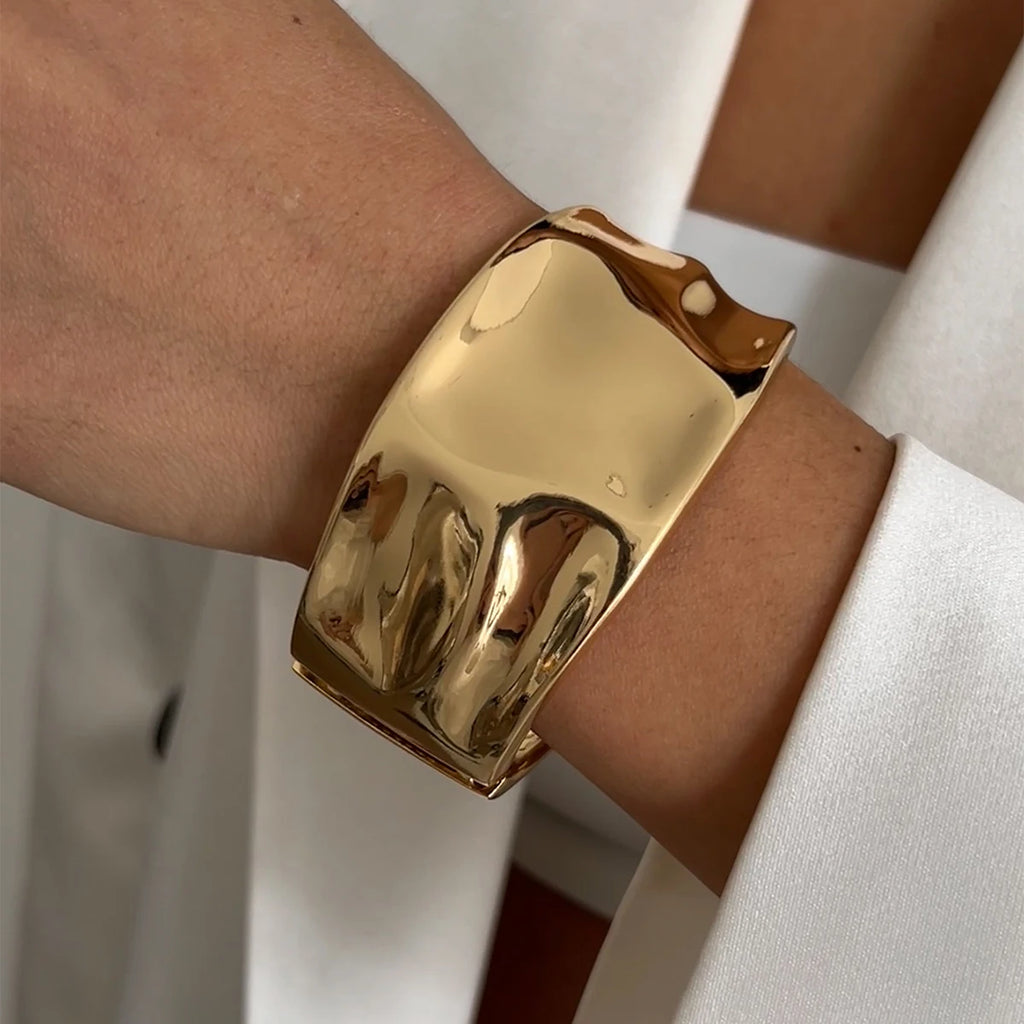 KunJoe 2025 New Smooth Gold Color Silver Color Open Spring Bangles for Women Design Geometric Wide Cuff Bracelets Hand Jewelry