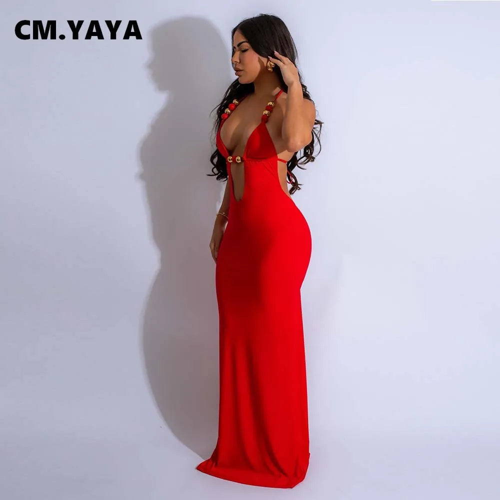 CM.YAYA Women Sleeveless Deep V-neck Halter Long Maxi Dress Summer Backless Beach Sexy Street Evening Night Club Party Dresses