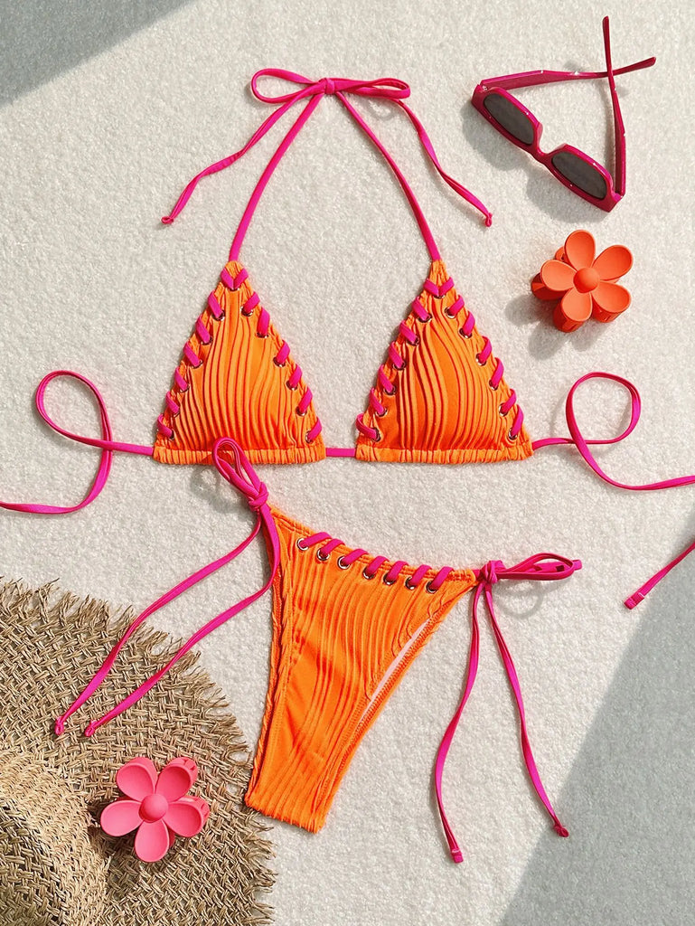 Halter Wrinkled Weave Bikini Set Women Swimwear Female Swimsuit Two Pieces Bikini Set Brazilian Bathing Suit Swim Beach Wear
