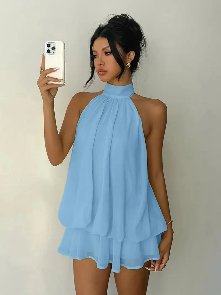Women’s Backless Halter Neck Dress – Tie‑Front Chiffon Sheer Mini Skirt, Sexy Y2K Vintage Party Dress