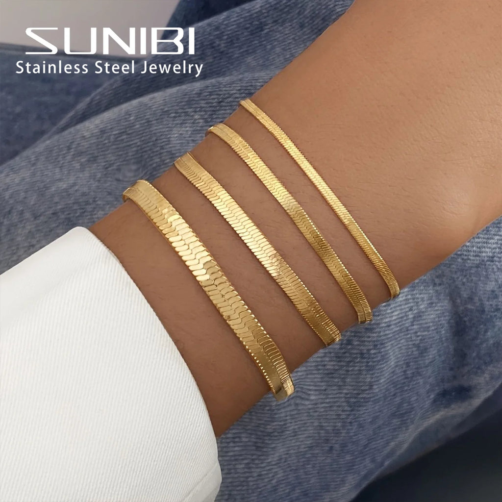 SUNIBI Women Trend Classic Snake Chain Bracelet Gold Color Width 2/3/4/5MM Stainless Steel Chain Bracelet For Women Jewelry Gift