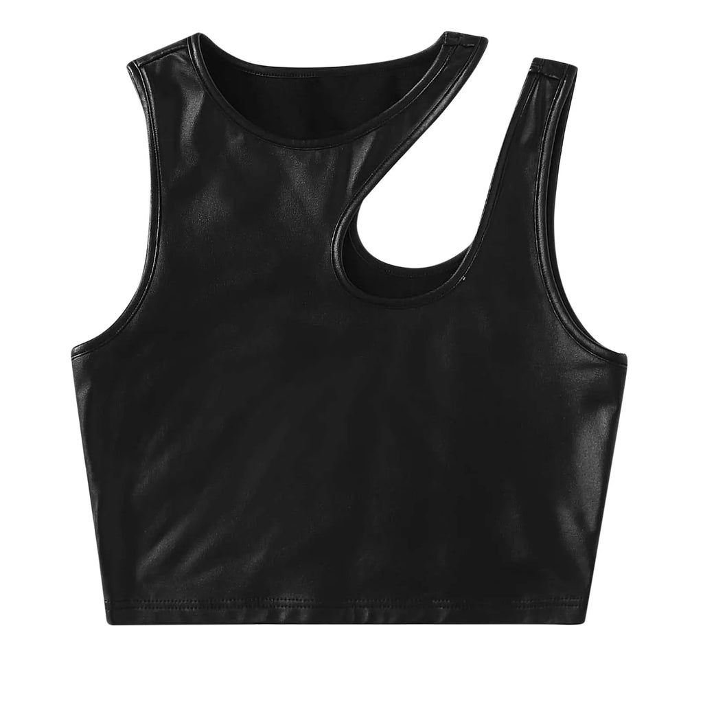 Women's Black Tops Asymmetrical Hollow Out Camisoles PU Leather Bare Midriff Cropped Tops Mujer Slim Fit Streetwear Summer Vest