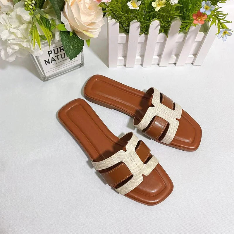 Women’s French Square Toe Slides — Multicolor H‑Slippers Summer Beach Sandals High‑Quality Designer Style
