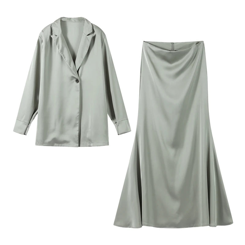 Elegant Long Skirt Set for Women Casual Solid Loose Long Sleeve Lapel Shirt Female Skirts Suit 2025 Spring Lady 2 Pcs Outfits