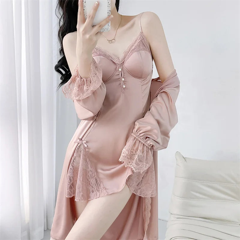 2Pcs Robe Set Beige Night Dress Sexy Bride Wedding Morning Dress Gown Loose Bathrobe Suit Rayon Nightwear Loungewear Homewear