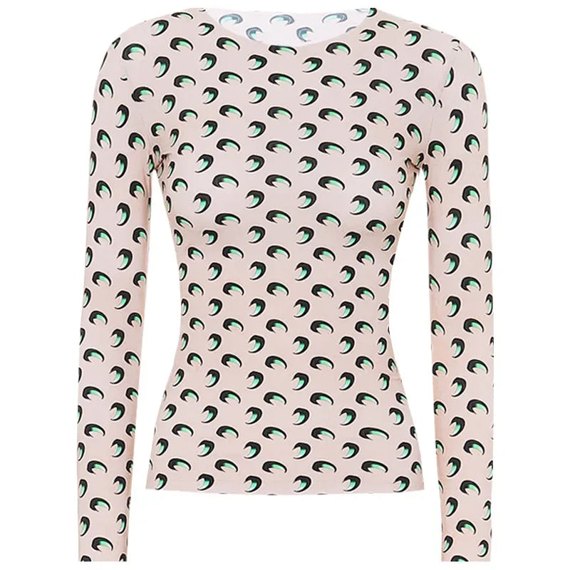 New Printed Mesh Women Base Shirt Spring Autumn Fashion Casual Long Sleeved Sun Protection Ice Silk Inner Layer Women's T-Shirt