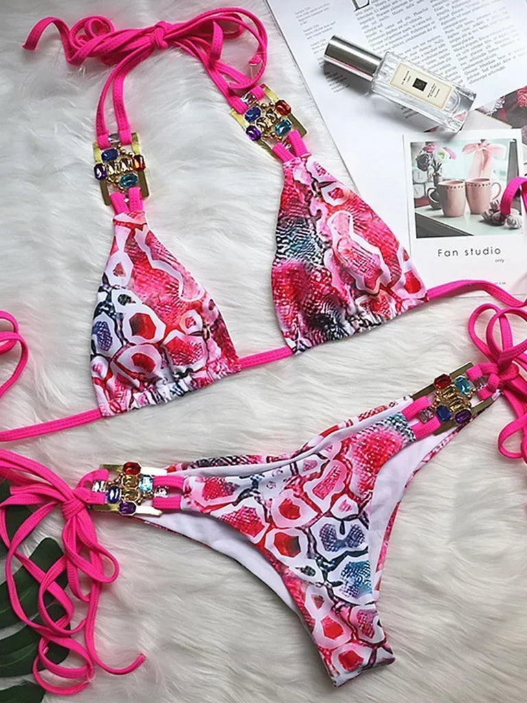Women’s 2026 Rhinestone Diamond Bikini – Halter Chain Two‑Piece Swimsuit, Sexy Shiny Brazilian Swimwear