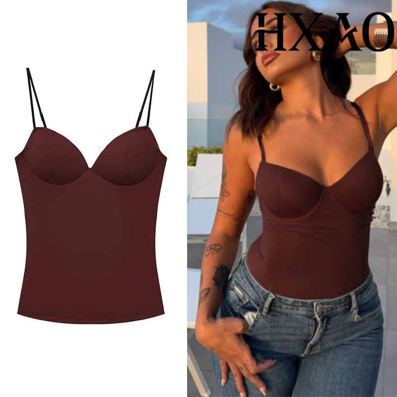 HXAO Women’s Corset Crop Top — Sleeveless Bodycon Bustier Camisole with Straps (Black/Brown)