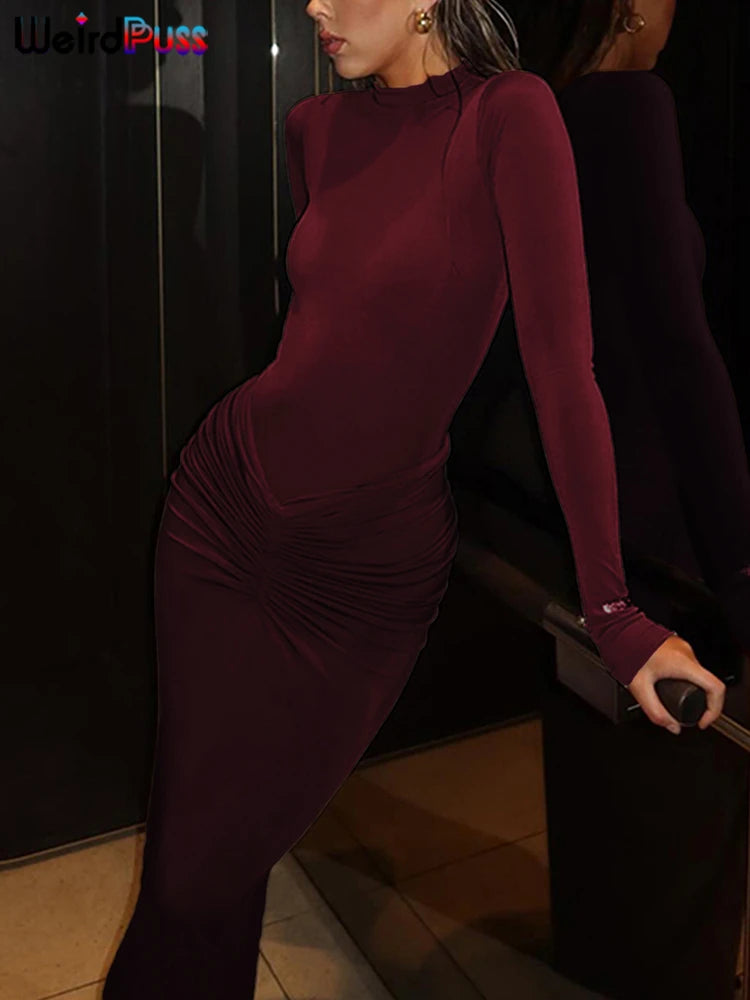Women’s Ruched Long‑Sleeve Bodycon Dress – O‑Neck Slim Fit Hipster Pleated Autumn Classic