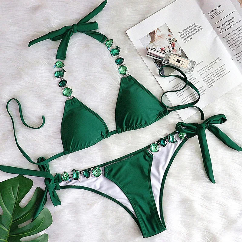 Women’s 2026 Rhinestone Diamond Bikini – Halter Chain Two‑Piece Swimsuit, Sexy Shiny Brazilian Swimwear