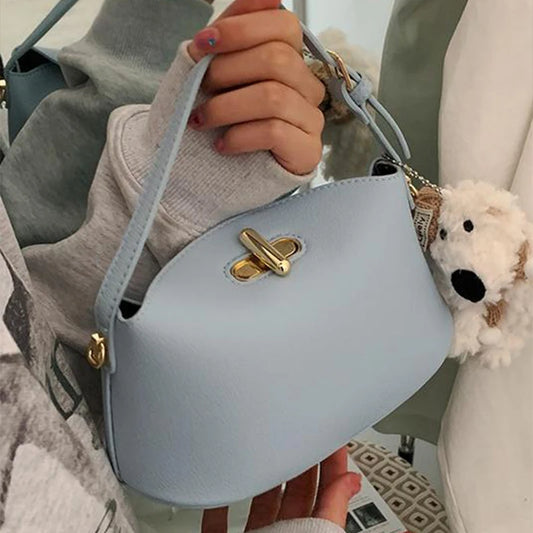 Litchi Leather Gold Button Handbag Brand Niche Fashion Simple Bucket Bag Korea Soft Pink Versatile Luxury Shoulder Bag For Women