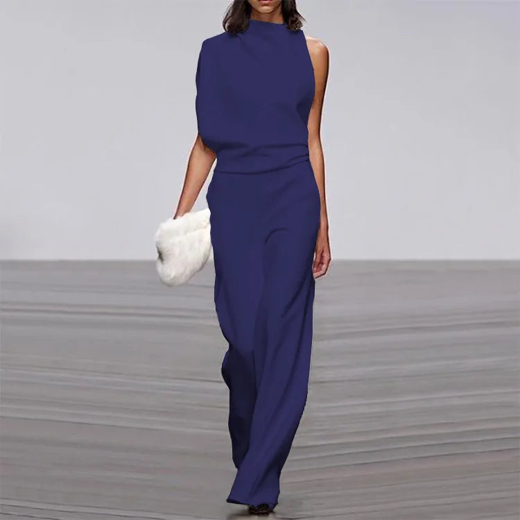 Solid Color Irregular Sleeveless Jumpsuits Women Fashion Temperament Sexy Backless Folds Slightly Flared Jumpsuit Female 2025