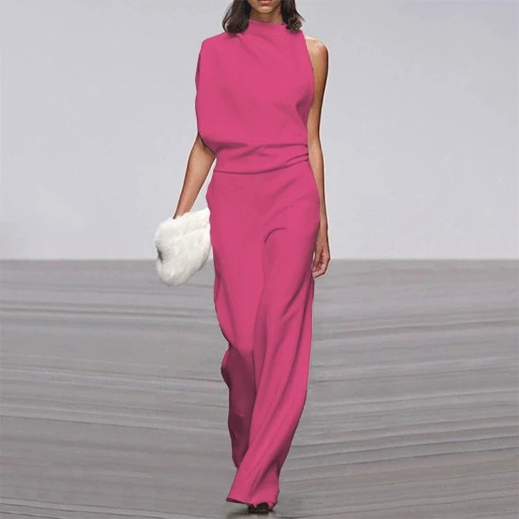 Solid Color Irregular Sleeveless Jumpsuits Women Fashion Temperament Sexy Backless Folds Slightly Flared Jumpsuit Female 2025