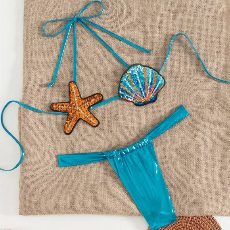 2025 New Sexy Low Waisted Bikini Set Swimsuit Starfish Swimwear Women Solid Strappy Beachwear Bathing Suits Brazilian Biquini