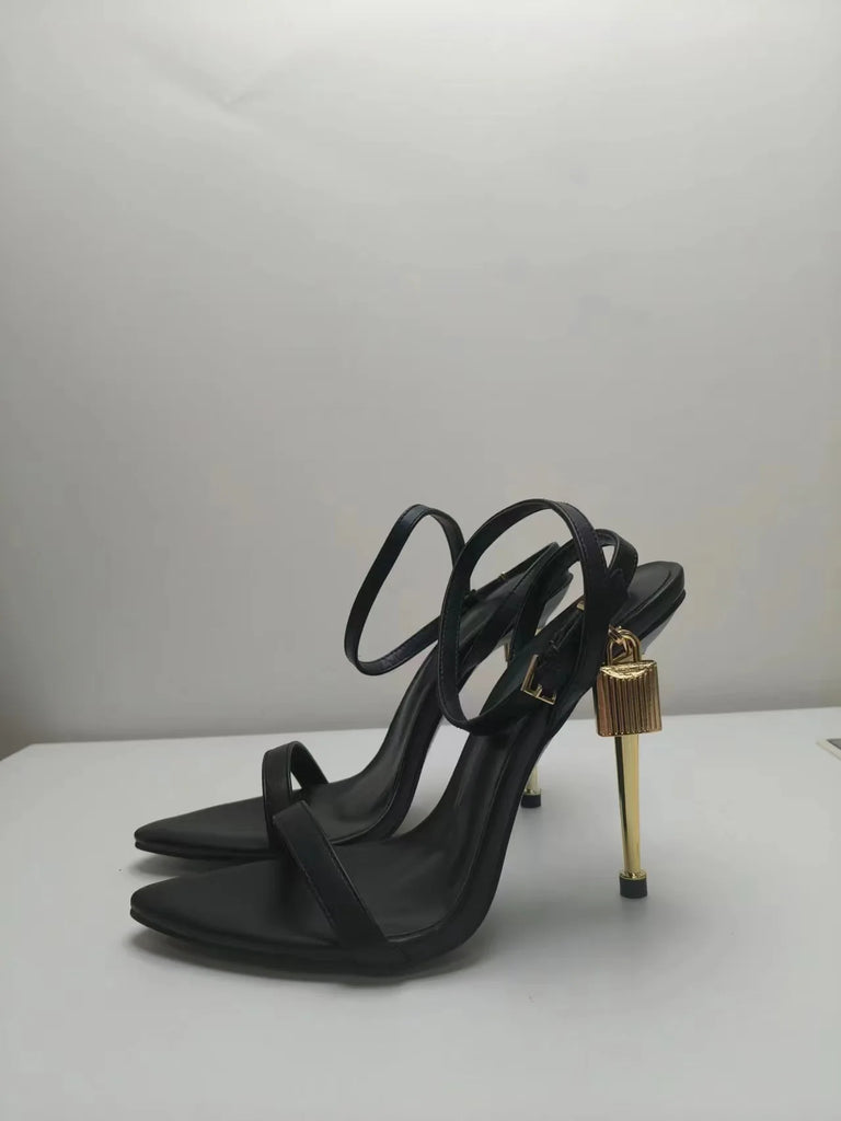2025 New Sexy Gold Padlock High Heels One Word Buckle Open Toe Thin Heels Leather Shoes Ankle Strap Gladiator Sandal 44