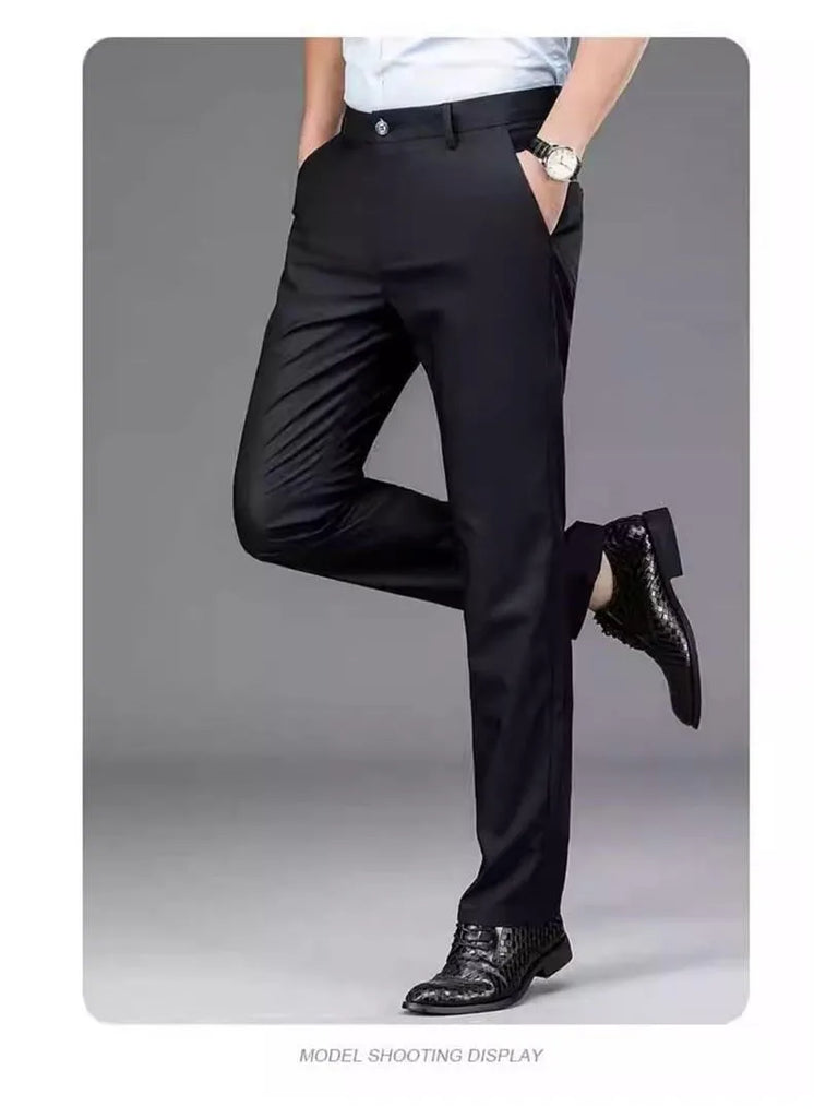 Men’s Stretch Smart Casual Pants – Solid Black Quick‑Dry Office Trousers, Korean Straight Fit for Spring & Autumn