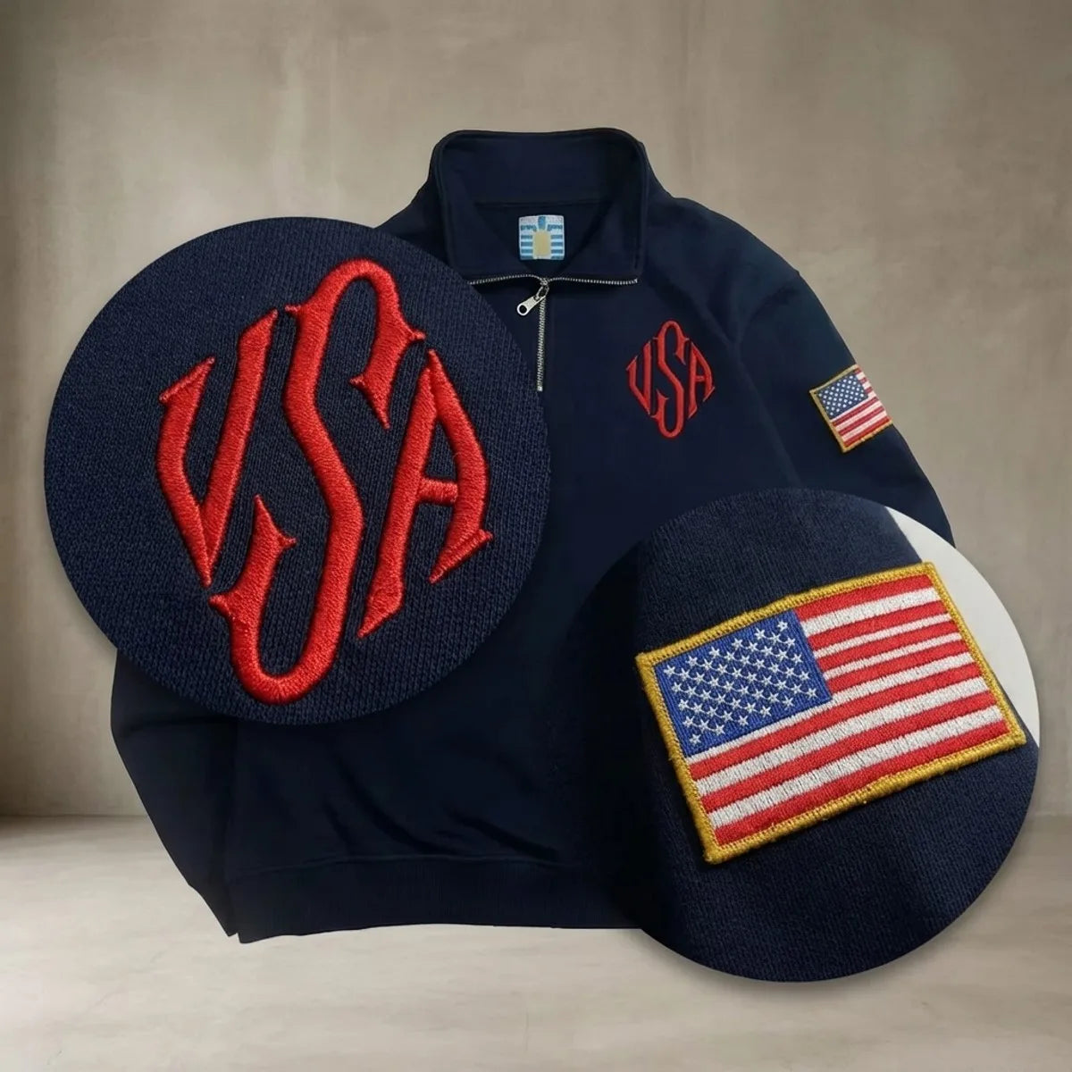 Y2K American Flag Embroider Hoodies Quarter Zip Sweatshirts Men Navy Blue White Pullover Patch Sleeve Streetwear Casual Sweater