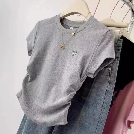 Grey Heart Embroidery Cropped Short Sleeve T-shirt Women's Summer 2024 New Design Sensibility Slims You Smooths Your Silhouette