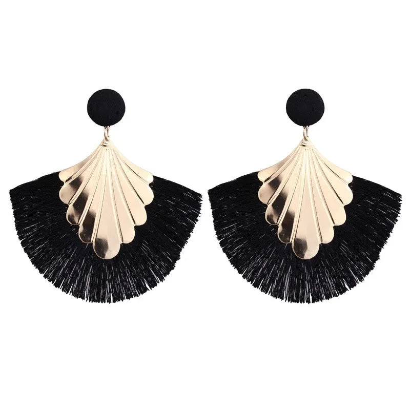 FSUNION 2025 New Bohemia Fan Shaped Tassel Earrings For Women Exaggerated Big Statement Fringed  Vintage Dangle