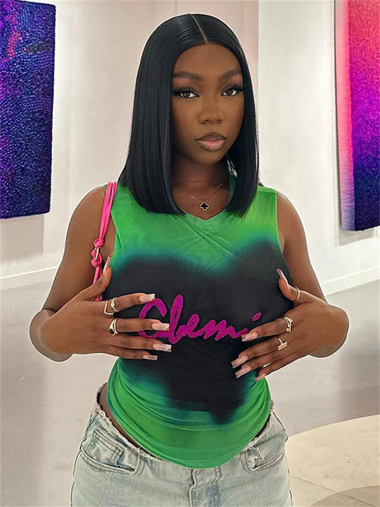 Simenual Fairy Grunge Tie Dye Printed Sleeveless Tank Top Sexy Mesh See Through Crop Tops Women Hot Club Vest Y2K Slim Clothing