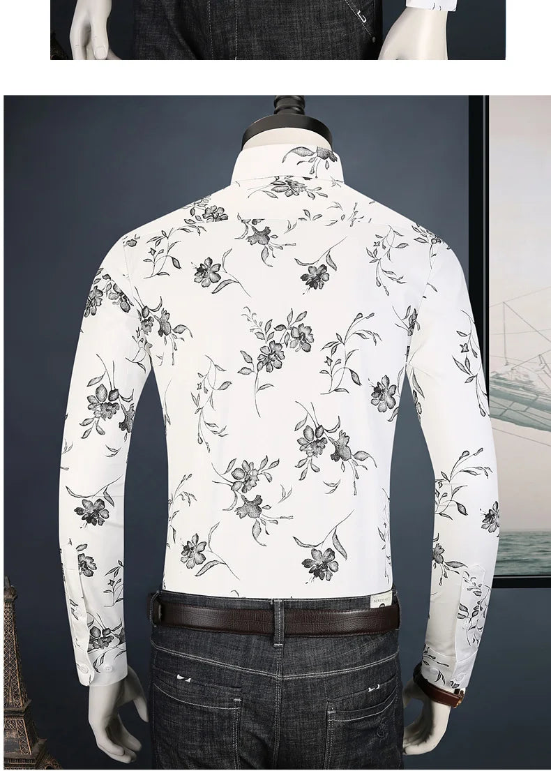 Men Long Sleeve Floral Print Shirt Brand Casual Fashion Button Up Printed Flower Shirts Dress Men Slim Fit Thin Clothing