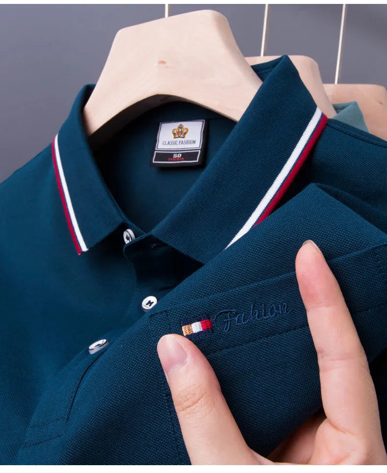 Top Grade Summer Short Sleeve Korean New Fashion Cotton Soft Pure Color Lapel Slim Fit Casual Tops Men's pocket Polo Shirts