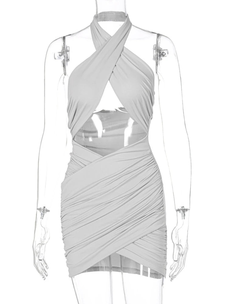 Sexy Cross Bandage Wrap Chest Front Hollow Out Slim Bodycon Dress Women Sleeveless Backless Mini Dress Club Party Vestidos