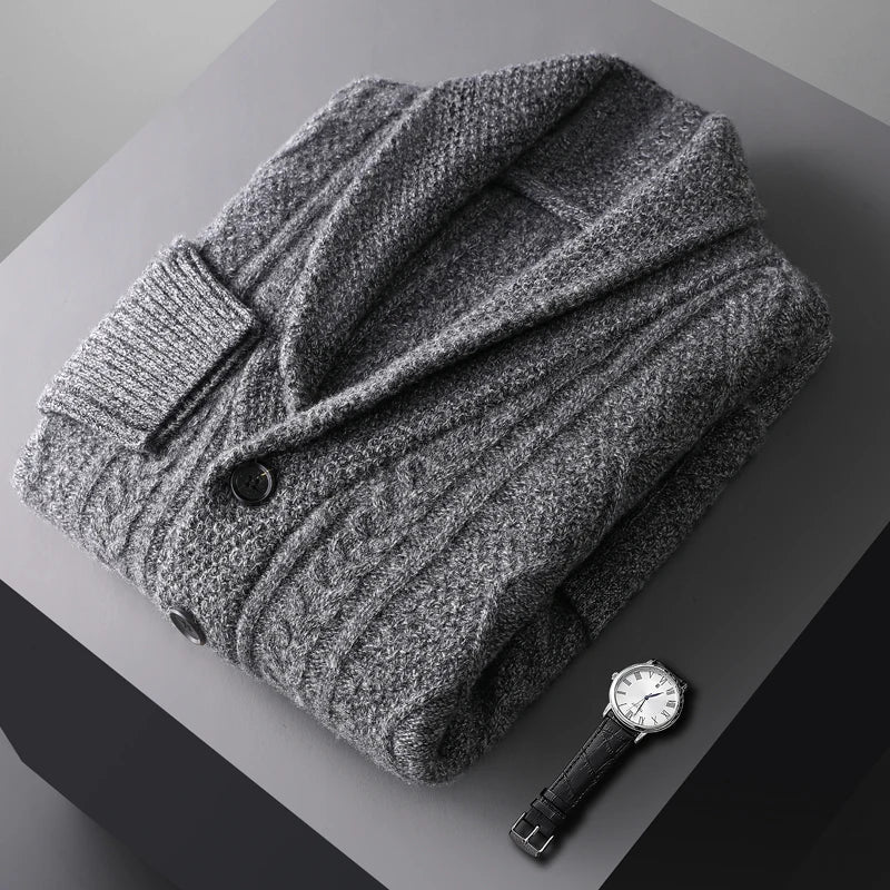 Autumn Winter Men 100% Merino Wool knitted Cashmere Sweater Thick Jacquard Coat Turn-Down Collar Cardigan Smart Casual Chic Tops
