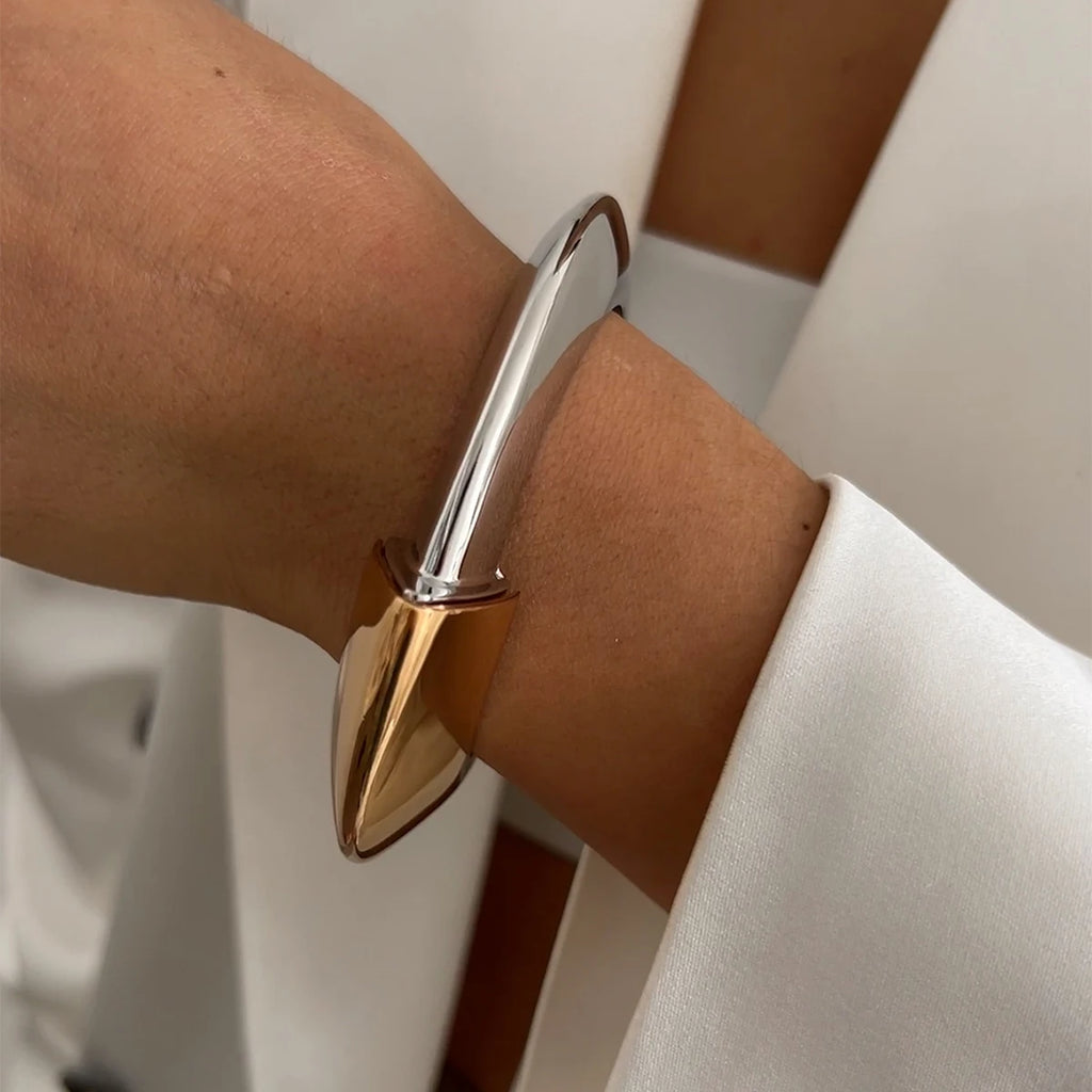 KunJoe 2025 New Smooth Gold Color Silver Color Open Spring Bangles for Women Design Geometric Wide Cuff Bracelets Hand Jewelry