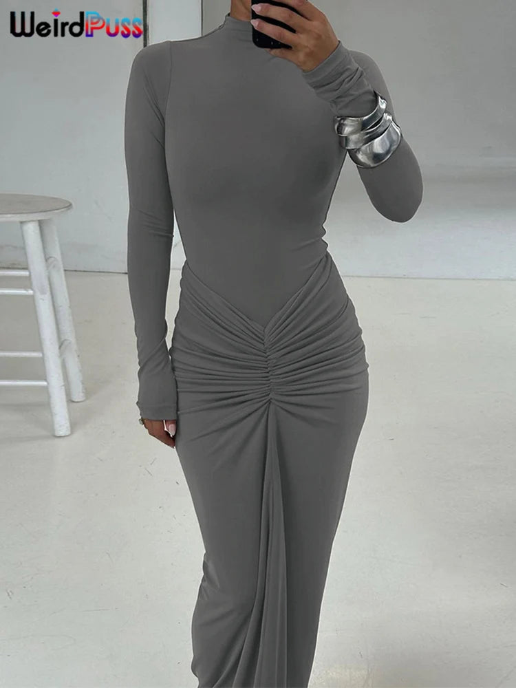 Women’s Ruched Long‑Sleeve Bodycon Dress – O‑Neck Slim Fit Hipster Pleated Autumn Classic
