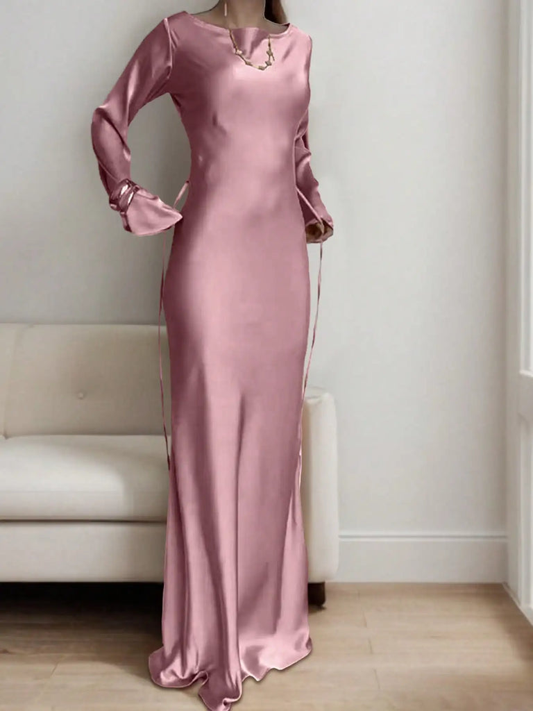 Women’s Bespoke Satin Maxi Dress – Corset Waist Tie, Round Neck & Flared Sleeves | Luxury Evening Gown 2026