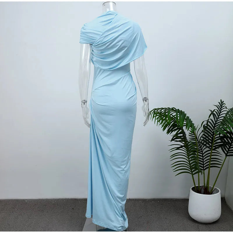 Irregular Shawl Blue Maxi Dress – Women’s 2025 Slim‑Fit Turtleneck Pleated Evening Party Dress