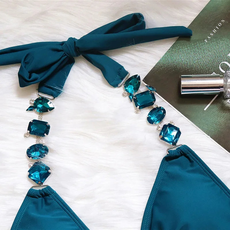 Women’s 2026 Rhinestone Diamond Bikini – Halter Chain Two‑Piece Swimsuit, Sexy Shiny Brazilian Swimwear