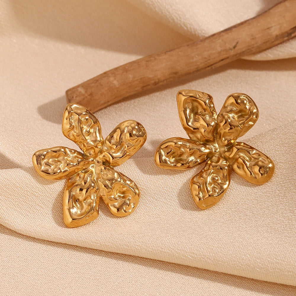 E.B.belle Hammered Five Petal Flower Stud Earrings Water Resistant 316L Stainless Steel Women's Earrings 18K Gold Plated Gift